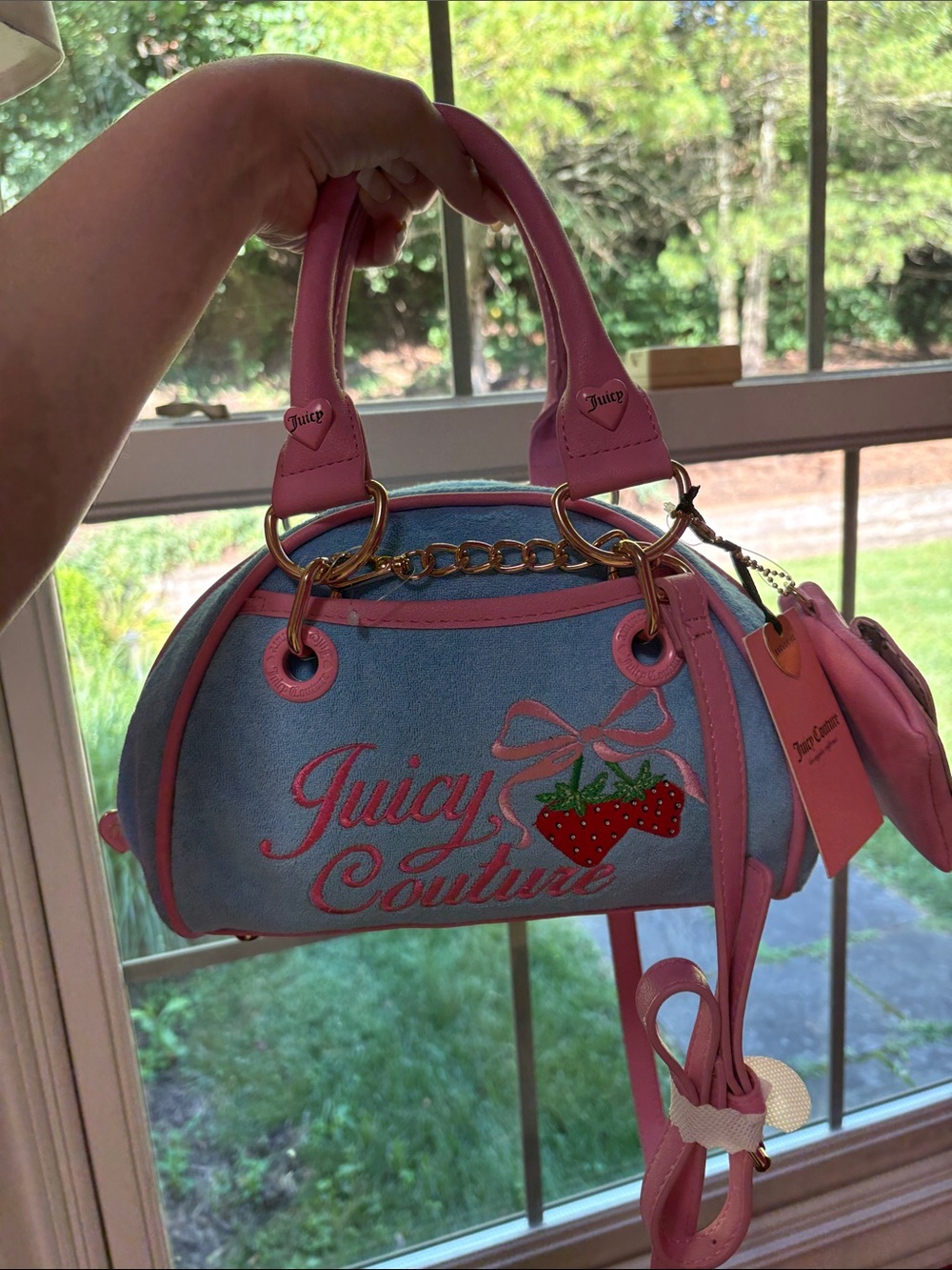 Juicy Couture Blue and Pink Strawberry Embroidered Velvet Purse NWT